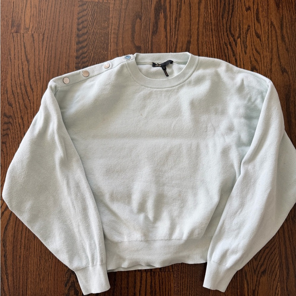 Maje Soft Blue Crewneck Sweater with Button Detail
